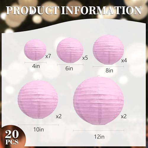 20Pcs Light Purple Paper Lanterns for Parties, 4” 6” 8” 10” 12” Chinese Asian Hanging Round Paper Lanterns for Birthday Wedding Halloween Christmas Home Decor Party Decor