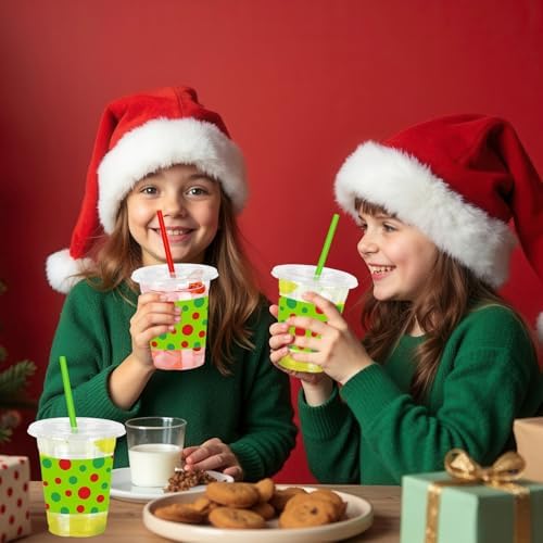 Whaline 50 Pack Green Christmas Plastic Cups with Lids Straws Red Green Polka Dot Clear Plastic Cups 12oz Holiday Disposable Cold Beverage Drinking Cup for Xmas Winter Party Supplies