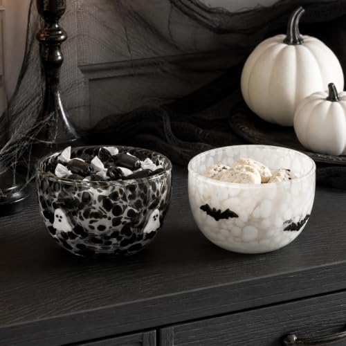AnyDesign 2Pcs Halloween Icon Candy Bowls 14 Oz Black White Ghost Bat Serving Bowl Trick or Treat Glass Dishes Candy Servers Table Decor for Gifts Snacks Cookies Dessert Party Supplies