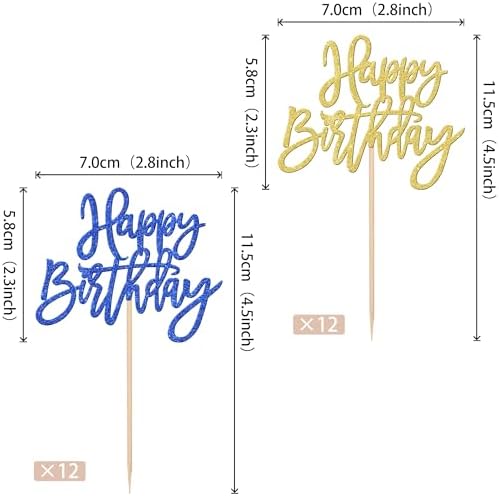 24 PCS Happy Birthday Cupcake Toppers Glitter Happy Birthday Cupcake Picks for Celebrating Anniversary Theme Party Cake Decorations Supplies Blue Gold