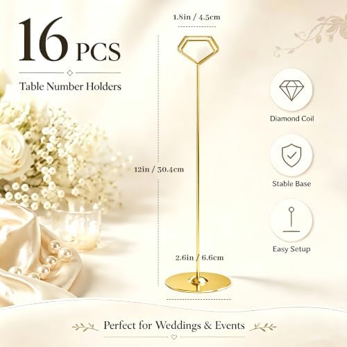 16 Pack 12 Inch Table Number Holders, Gold Diamond Place Card Holders