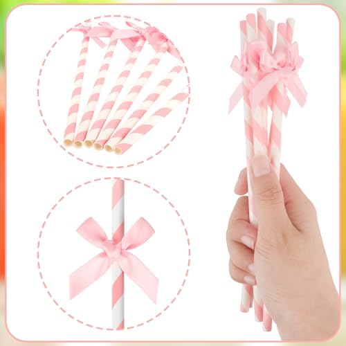 24 Packs Pink Bow Biodegradable Striped Paper Straws, Pink and White Disposable Drinking Straws for Birthday Carnival Summer Pool Party Wedding Baby Shower Halloween Party Decoration Supplies