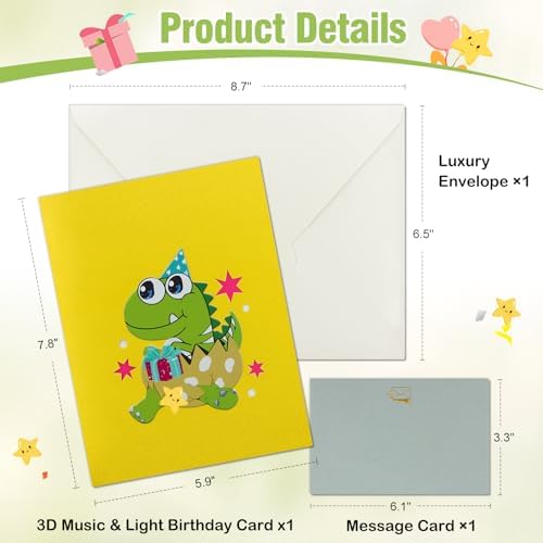FaCraft Dinosaur Musical Birthday Cards for Kids - Music & Light 3D T-Rex