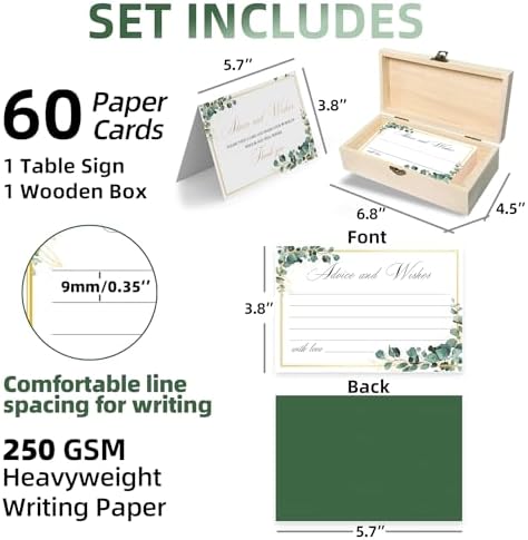 Eucalyptus Wedding Advice and Wishes Cards with Gift Box - 60 Greenery Marriage Advice Cards for Bride and Groom - Bridal Shower Games and Wedding Guest Book Alternative for Reception