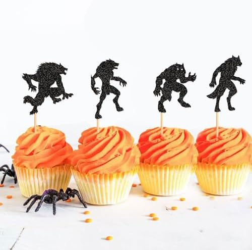 Ercadio 24PCS Werewolf Cupcake Toppers - Black Glitter Halloween Party Decorations for Wolf Birthday Cake Supplies