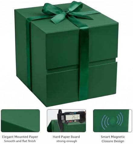 LIFELUM Dark Green Gift Box for Christmas with Magnetic Lid, 8.6"x8.6"x8.6"