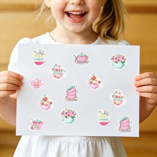 500Pcs Tea Gathering Stickers Roll 8 Designs Pink-Themed Flowers Stickers 1in Self-Adhesive Waterproof Sticker for Birthday Party Envelopes Scrapbook Decorations