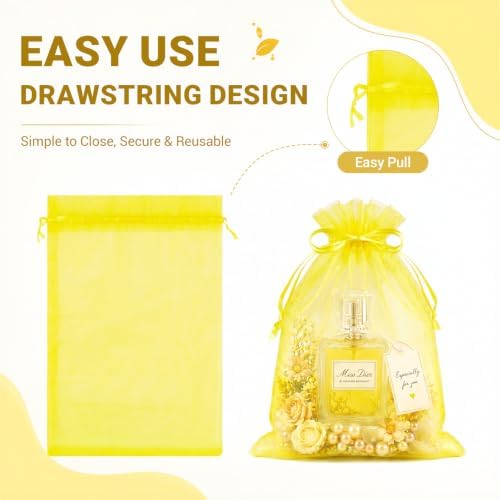 FUNFERY 100PCS Lemon Yellow Organza Gift Bags 5x7in,Drawstring Pouch