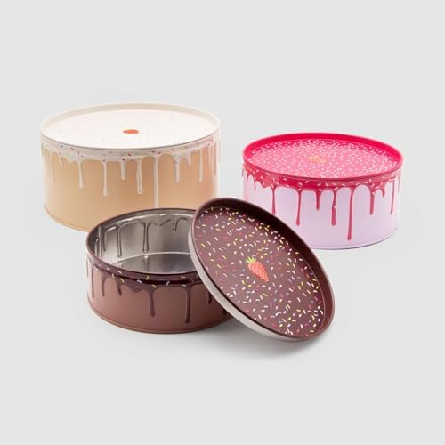 Suck UK Cookie Tin - Round Cake Tins with Lids - Novelty Cookies Jar - Cake Storage Container - Air Tight Birthday Cookie Box - Kitchen Storage Tins - Large Stackable Metal Tin Nesting - Set of 3