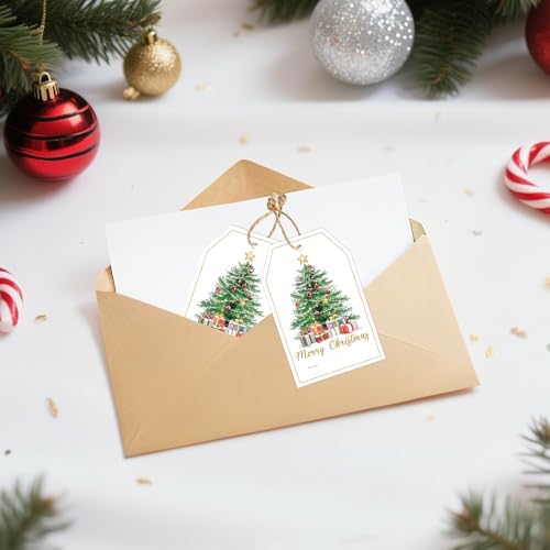 joycraft 50Pcs Merry Christmas Tags with String, Christmas Tree Gift Tags