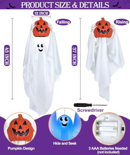Sound Activated 43" Halloween Animatronics Hanging Ghost Holding Pumpkin