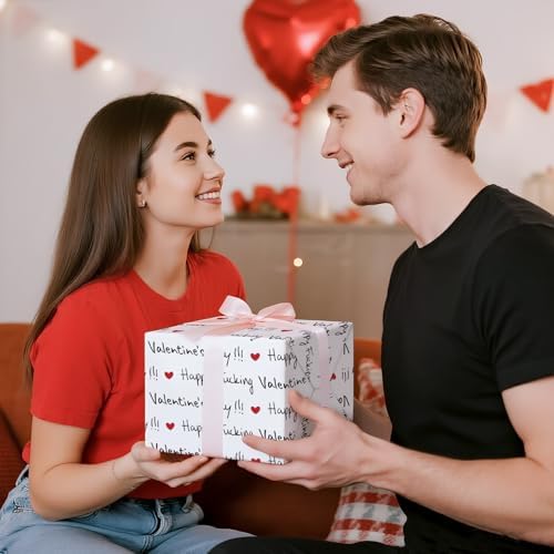 RUSPEPA Funny Valentine's Day Wrapping Paper Roll, Mini Roll, Happy F*ing Valentine's Day Lettering with Red Heart Gag Gift Wrap for Wedding, Anniversary, Birthday, Engagement, 17 Inches x 16.4 Feet