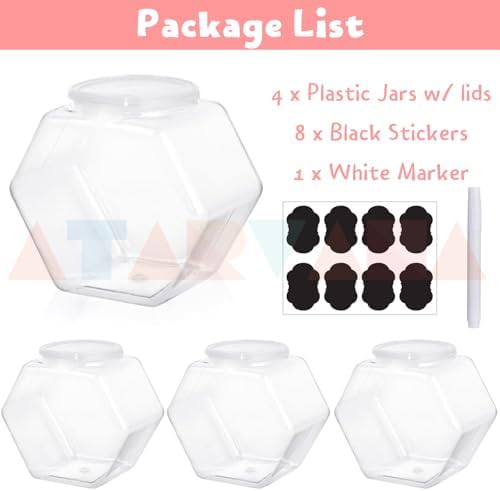 Atarvana Plastic Candy Jars 72oz Set of 4, Hexagon Candy Containers with Airtight Lids for Candy Buffet, Kitchen Storage Containers Set
