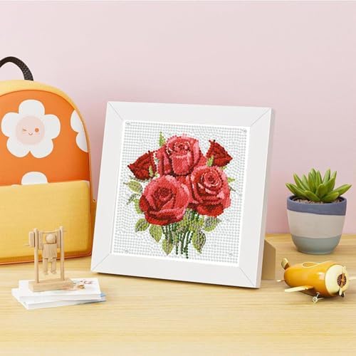 Diamond Art Kit for Kids with Frame,Red Rose Diamond Painting for Kids