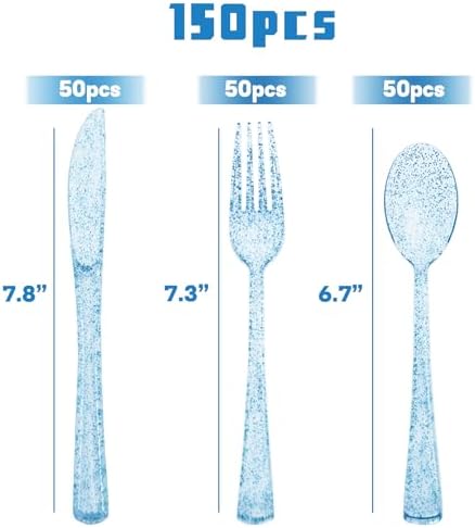150 Pack Blue Plastic Silverware, Blue Glitter Silverware Plastic Utensils Set Includes 50 Forks, 50 Knives, 50 Spoons for Brithday, Baby Shower, Picnic