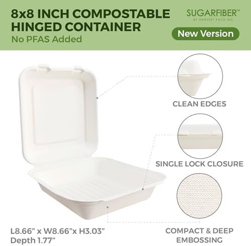 8X8 inch Compostable White Square Clamshell Take Out Food Containers togo