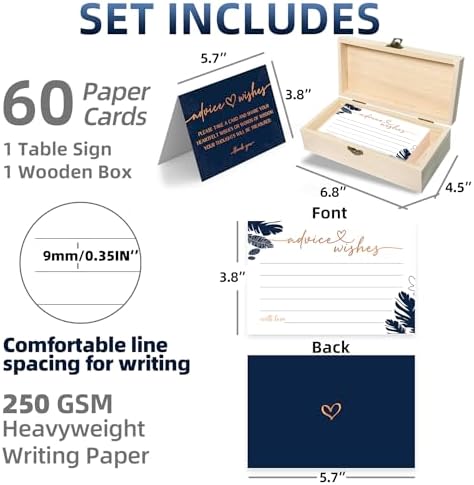 Navy Blue Advice and Wishes Cards with Decorative Wood Box - 60 Pack Tropical Palm Leaves Message Cards - Keepsake Guest Book Alternative for Graduation, Wedding, and Anniversary