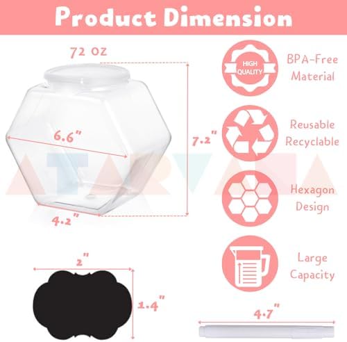 Atarvana Plastic Candy Jars 72oz Set of 4, Hexagon Candy Containers with Airtight Lids for Candy Buffet, Kitchen Storage Containers Set