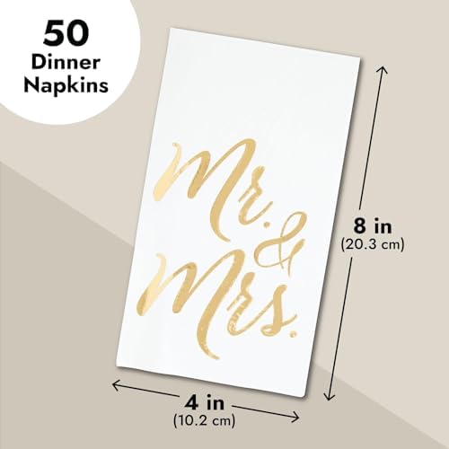 Juvale Wedding Napkins Mr & Mrs - 4 x 8 In, 3-Ply White & Gold, 50 Count - Disposable Bridal Shower & Reception Beverage Napkins
