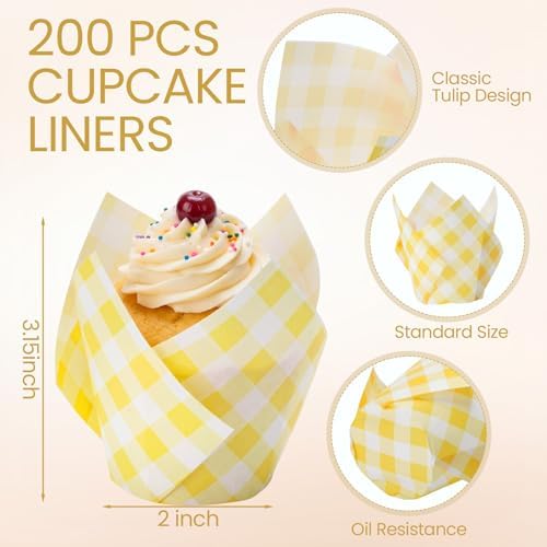 Maxdot 200 Pcs Yellow Gingham Tulip Cupcake Liners for Baking Plaid Paper Muffin Baking Cups Checkered Tulip Muffin Liners Wrappers for Bridal Baby Shower Wedding Birthday Party Decor