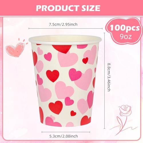 100Pcs Red Pink Paper Cups Valentine's Day Disposable Party Cup