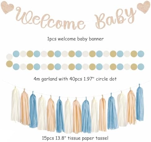Light-Dusty Blue Beige-Champagne Baby-Shower Party-Decorations - 31pcs Welcome Home Banner Sign,Boy Paper Lanterns,Neutral Streamers Garland,Boho Tissue Pom Poms Flowers Fans Backdrop Decor Burgleda