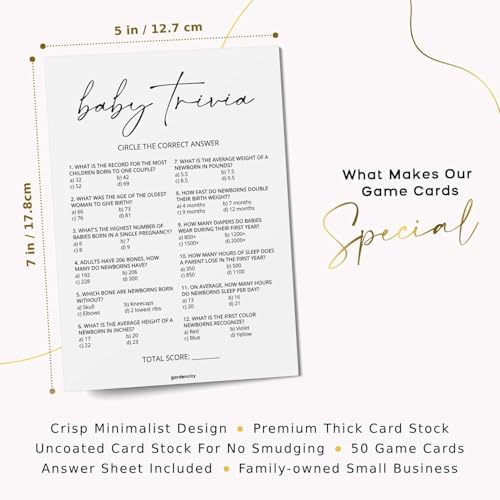 GardenCity Baby Trivia Baby Shower Game (50 Cards), Trivia Game Activity for Boy or Girl (Minimalist)