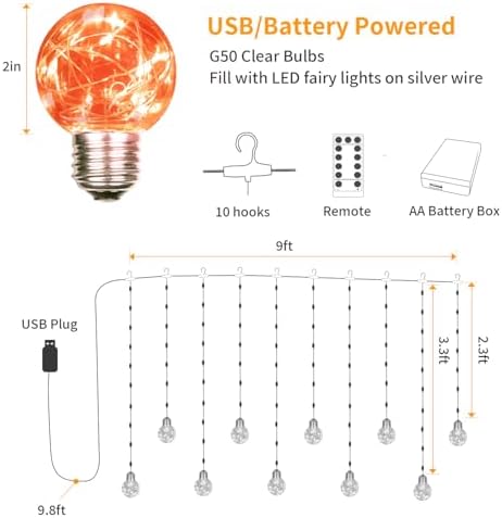YOLIGHT Wishing Ball Curtain Lights 9.8 x3.3 ft, USB/Battery Powered