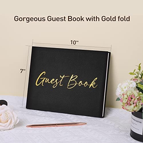 JUBTIC Black Guest Book for Graduation Party Guest Sign in Book with Pen for Reception, Wedding, Baby Shower, Birthday, Shower, Funeral, 100 Pages with Gilded Edges and Gold Foiled Cover -7×10″