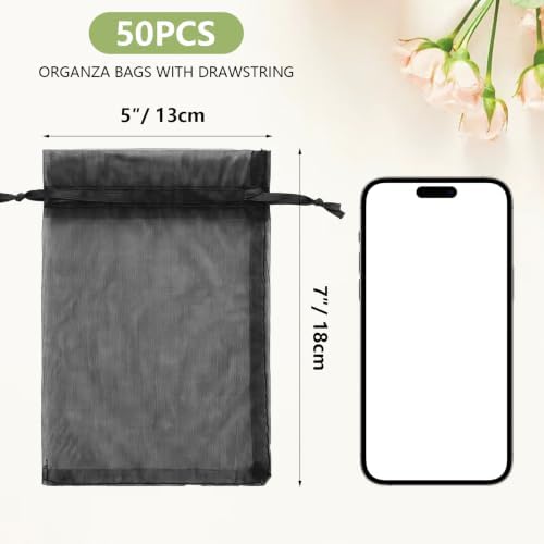 Wudygirl 50 Pcs Organza Bags, 5x7 IN Drawstring Gift Bags-Black