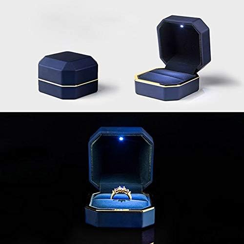 Luxury Ring Box, Square Velvet Wedding Ring Case Jewelry Gift Box with LED Light for Proposal Engagement Wedding, Blue