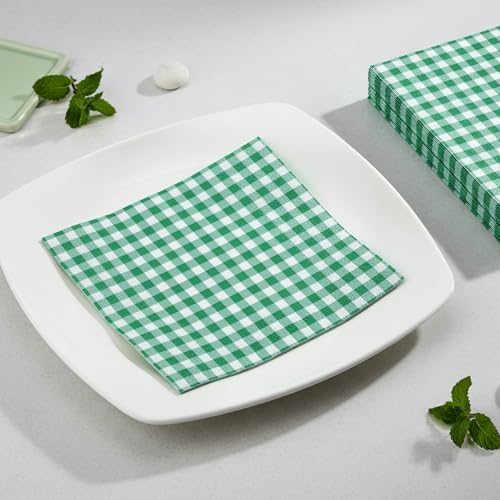 80 Pack Green Gingham Paper Napkins, 6.5 x 6.5 In, Disposable