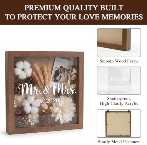 9x9 Wooden Wedding Shadow Box Frame - Mr and Mrs Est 2026 Memory Box Display Case with Clear Acrylic Window for Keepsakes, Dried Flowers, Photos - Bridal Shower, Engagement Gifts for Couples