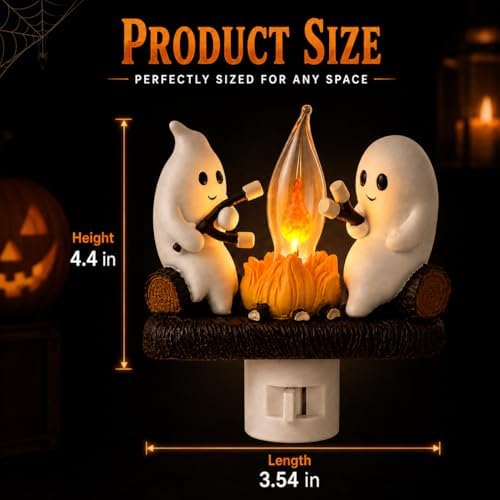 Ghost Campfire Night Light, Plug-in Wall Flickering Flame Nightlight, Halloween 3D Cute Spooky Marshmallow Ghost Decoration for Bedroom, Spooky Season Home Halloween Decor for Kids Adults