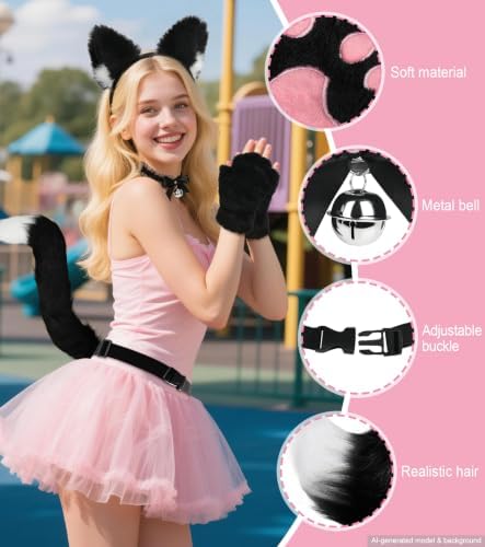 Cat Ears and Tail,Wolf Fox Ears Long Tail and Bell Lace Choker Set for Halloween,Animal Cosplay Party Costume