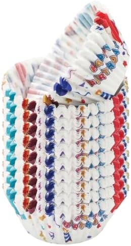200 Paper Cupcake Liners, Muffin Liners or Baking Cups for Desserts, Muffins, Cupcakes and More Treats; Grease Proof, No Smell, Food Grade, Nut Serving Containers (Birthday)