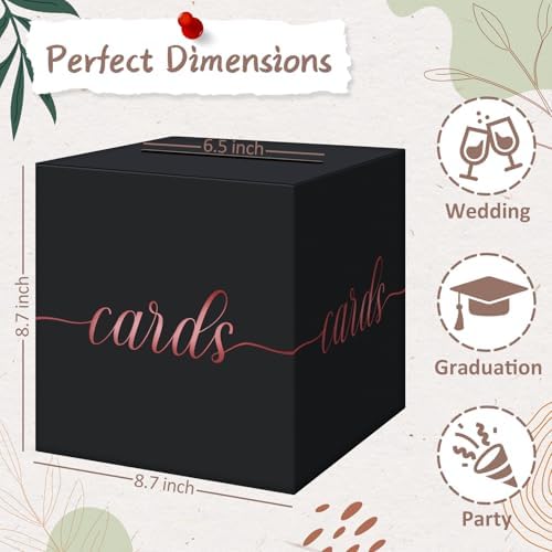 QIKSION Elegant Black Card Box for Party, Rose Gold Foil Wedding Card Box