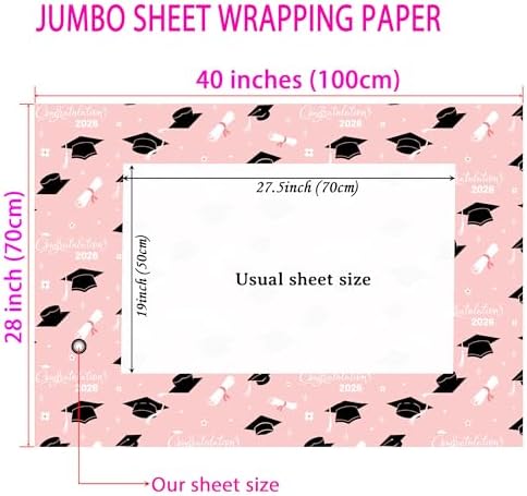 Cuitpan 2026 Graduation Wrapping Paper - 4 Jumbo Sheets,28x40 Inches, Pink Cap & White Diploma Design, Gift Wrap for Graduates, Graduation Parties, Seniors, School Events