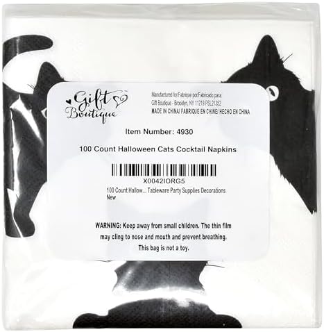 100 Halloween Black Cats Cocktail Beverage Napkins Spooky Cat Disposable