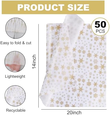 BEISHIDA Christmas Snowflake Tissue Paper Bulk，Gold and White Wrapping Tissue Paper for Gift Bags, 14 x 20 Inch Gift Wrap for Winter Christmas Party DIY Crafts Decor Holiday Flowers-50 Sheets