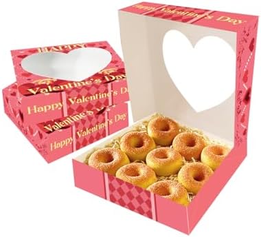 qiqee Auto-pop Up Valentine 12pcs Pie Boxes 10x10x2.5 inches Easy Assemble Macaroon Cookie Bakery Boxes with Window for Valentine's Day