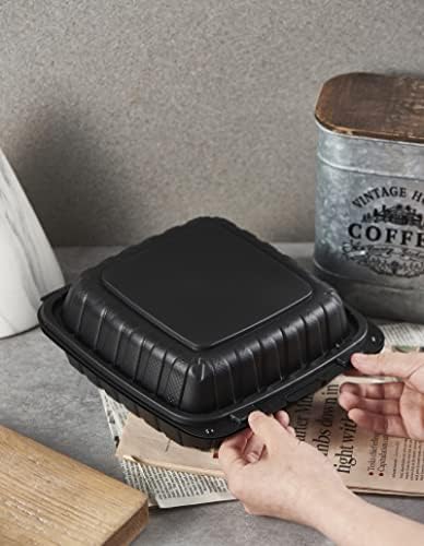 Jaluxing 8X8 3-Compartment 50-Pack Plastic Clamshell Takeout Food Trays Heavy Duty Togo Disposable Box Carryout Meal Prep Packaging Catering Hinged Containers With Secure Snap Lid (Formerly FULING)