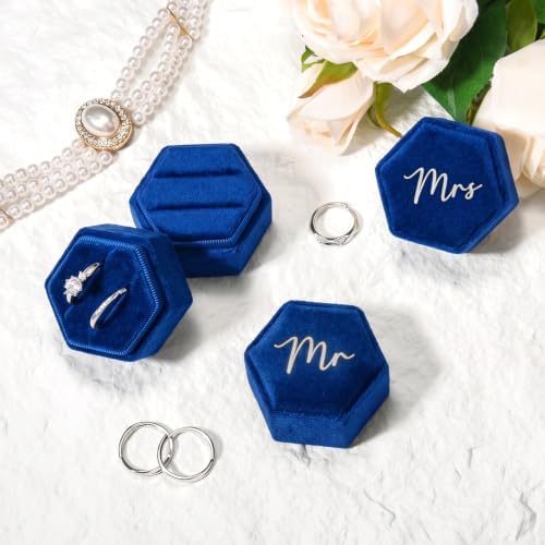 Mr & Mrs Velvet Wedding Ring Box 2 Slots Cursive Hexagon Jewelry Ring Box for Wedding Day Ceremony Bridal Photography Gift Set of 2 (Sapphire Blue)