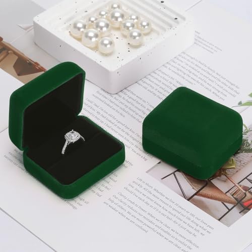KUKUVR 2 Pieces Velvet Metal Wedding Ring Box, Elegant Jewelry Earring Studs Gift Box for Women Girl, Ring Holder Case for Engagement Proposal, Anniversary, Bridal Party Decor (Green)