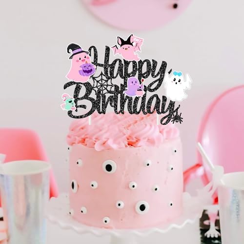 Halloween Ghost Happy Birthday Cake Topper Black Glitter Halloween Birthday Cake Decorations Pastel Ghost Cake Picks Ghosts Boo Day Baby Shower Decor for Birthday Party Supplies