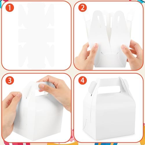 Hooqict 24 Pack White Party Favor Treat Boxes Paper Gable Gift Boxes with Handles for Party Favors Snack Goodie Candy Cookie Desserts, 6.7x5.1x3.5 Inch