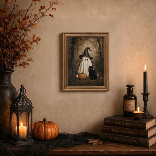 Wemandh Vintage Halloween Wall Art, Gold Framed Cute Ghost and Black Cat Canvas Print, Dark Academia Spooky Room Decor, Witch Hat Pumpkin Fall Picture for Gothic Home Office (9.5'' x 12'')