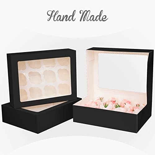 qiqee Auto-pop Up Cupcake Boxes with Window Black 40PCS 12 Count Cupcake Box 13"x10"x3.5" Cupcakes Carrier, 12 Cupcake Containers with 2 rolls of pink ribbons