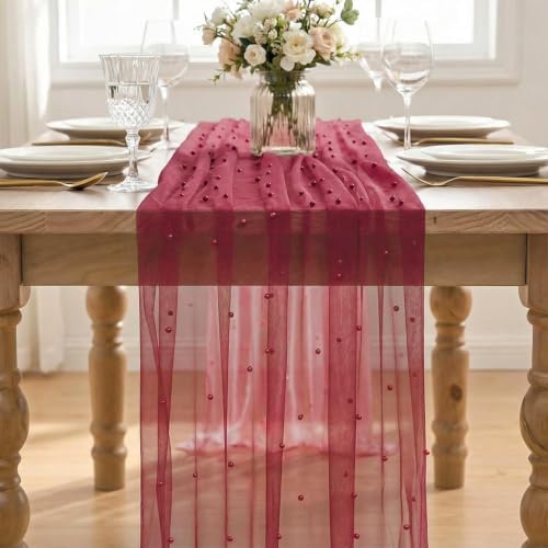 Artoid Mode 3-Pack Pearl Burgundy Gauze Table Runner 10FT Home Decor