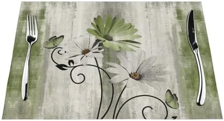 Floral Place mats Set of 6,12x18 Inches Rustic Sage Green Daisy Flower Decorative Placemats Rectangle Summer Green Floral Linen Table Mats for Party Home Kitchen,Dining Table Decoration